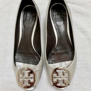 Tory Burch Silver Sally Wedge Peep Toe Heel